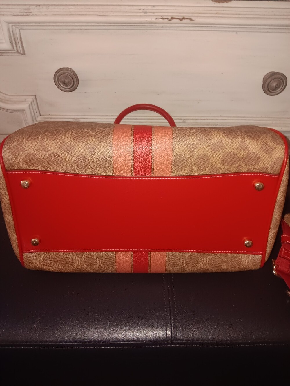 Coach Large Rowan Pink And Red Stripe Tan Signature With Wristlet And Strap - Picture 9 of 15